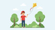 © ANDRE - Joyful Boy Flying A Kite In Park On Sunny Day Illustration