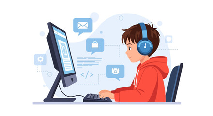 Illustration of a young boy coding or learning online with headphones on computer