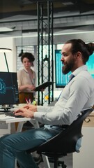 Poster - Vertical Video IT specialist uses AI neural networks for data sharing and digitalization, working in a multinational company with automation tools. Artificial intelligence models for business success