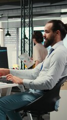 Poster - Vertical Video General manager employs AI neural network for work task optimization, increasing productivity with data sharing and machine learning. Artificial intelligence for business goals. Camera