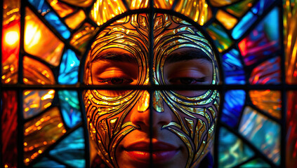 Poster - Portrait Through Stained Glass with Gold Leaf Mask