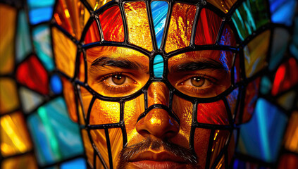 Poster - Portrait of a Man Wearing a Geometric Stained-Glass Mask