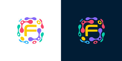 colorful abstract digital technology with letter F, for technology, data, network, connection and computer