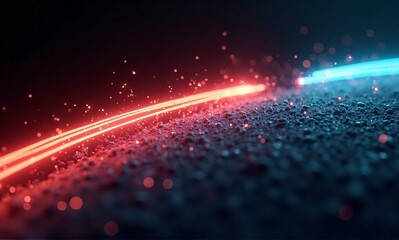 Poster - Dynamic red and blue light trails on a gritty dark ground, with tiny glowing sparks illuminating the path.