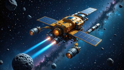 futuristic spaceship with solar panels is navigating through an asteroid field in deep space, its en