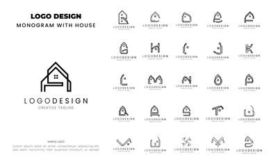 Poster - Set of letter A-Z monogram house logo design in line style for real estate, architecture and construction company. Bundel logo initial