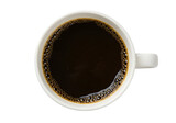 top view Fresh black coffee in a white cup on a white background, top down view
