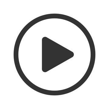 Black play icon isolated on white background. Video player element. Push, click, start or record button for movie screen or multimedia app window interface. Vector graphic illustration.