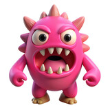 Cute and spiky pink monster with big eyes and sharp teeth roaring isolated on transparent background
