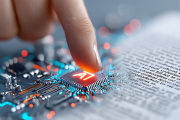 Poster - Innovative Technology Displays a Hand Pressing on an AI Chip While Surrounded by Complex Circuit Patterns