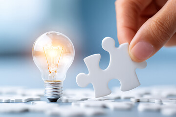 Poster - Bright Idea Emerges as Hand Connects Puzzle Piece With Light Bulb on a Table