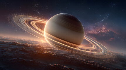 Wall Mural - Solar System. Saturn planet with glowing rings in space with stars and