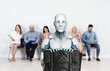 © New Africa - Robot with bag against group of people waiting for job interview, selective focus. Artificial intelligence in recruitment