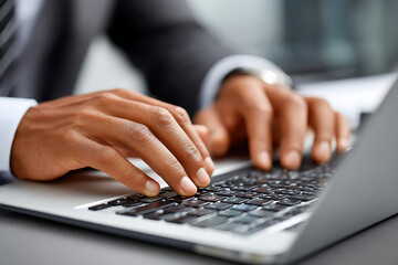 Poster - Professional Typing Session at an Office Desk With Focus on Hands and Laptop During a Busy Workday
