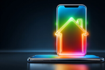 Poster - Colorful Digital Illustration of a Smartphone Displaying a Glowing House Symbol on a Dark Background