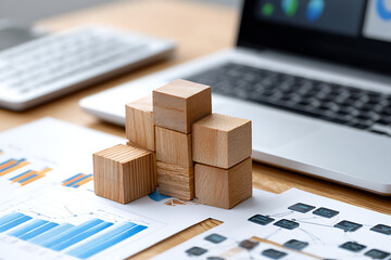 Poster - Construction of a Wooden Block Pyramid Next to Business Charts and a Laptop at a Modern Workspace