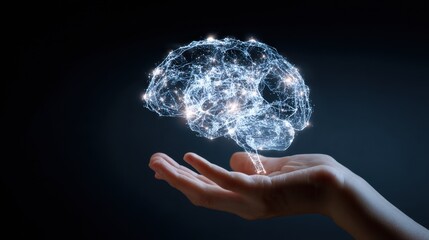 Poster - Hand Holds Glowing Brain Icon Over a Dark Surface Symbolizing Creativity and Intelligence in an Innovative Concept