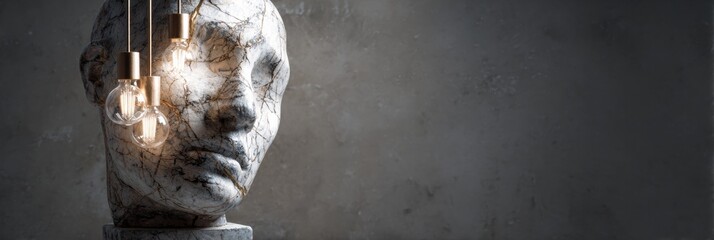 Poster - Sculptural Marble Head Bust Illuminated by Modern Pendant Lighting Against a Minimalist Background
