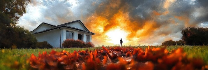 Wall Mural - Silhouette of a person standing near a white house with bushes at sunset under a dramatic cloudy sky and vibrant orange foliage in the foreground
