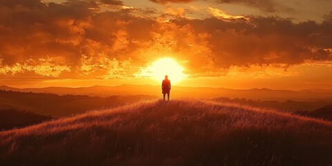 Wall Mural - Silhouette of a lone person standing on a grassy hilltop during a vivid orange sunset with dramatic clouds and distant mountain ranges