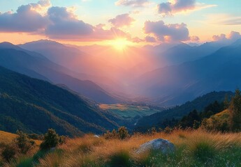 Wall Mural - Golden sunrise illuminating a peaceful mountain valley with lush green trees, distant misty blue ridges, and soft grass in foreground under a partly cloudy sky