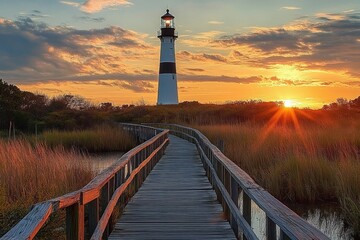 Wall Mural - Wooden boardwalk leading through tall grasses towards a lighthouse at sunset with a vibrant sky and sun rays creating a peaceful and warm atmosphere