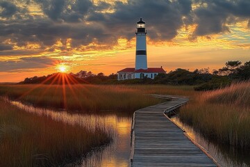 Wall Mural - Sunset over a tall black and white striped lighthouse with a winding wooden boardwalk through marsh grasses and reflective water, under a dramatic cloudy sky