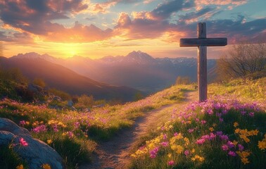 Wall Mural - Wooden cross standing on a vibrant flower-covered hillside with a winding path leading to distant snow-capped mountains at sunset under a colorful cloudy sky