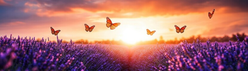 Wall Mural - Orange butterflies flying above vibrant purple lavender fields during a warm, glowing sunset with a colorful sky