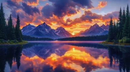 Wall Mural - Serene mountain lake at sunset with dramatic orange and purple clouds reflecting on calm water surrounded by evergreen trees and rugged peaks