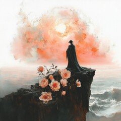 Wall Mural - Silhouette of a cloaked figure standing on a cliff adorned with blooming roses overlooking a turbulent sea under a glowing orange and pink sky at sunset, evoking solitude and contemplation