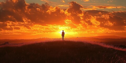 Wall Mural - Silhouette of a person standing on a grassy hill during a vibrant orange sunset with dramatic clouds