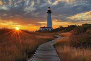 Wall Mural - A tall lighthouse stands at the end of a winding wooden boardwalk surrounded by autumn-colored grass under a dramatic sunset sky with vibrant orange and blue hues
