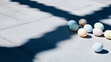 Pastel Easter eggs arranged in a geometric pattern on a concrete surface, bathed in soft morning light.
