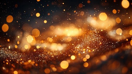 Wall Mural - Close-up view of sparkling golden glitter and bokeh lights creating a festive, magical atmosphere