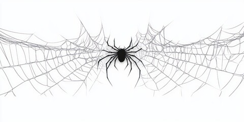 black spider centered on a thin, intricate spider web against a white background, showcasing delicate and symmetrical web patterns