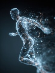 Poster - Human in Motion Transforms Into Neural Particles, Illustrating a Blend of Technology and Human Essence During a Dynamic Moment
