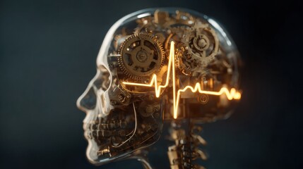 Poster - Clockwork Head With Mechanical Gears in Sync With a Glowing Heartbeat, Illustrating the Intersection of Technology and Life