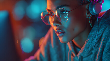 Poster - Young coder working on computer wearing headphones and glasses in a futuristic neon lit environment