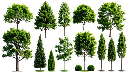 Collection of diverse isolated tree renderings showcasing varying shapes and textures with