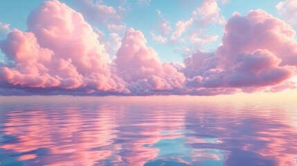 Wall Mural - Serene ocean scene with soft pink and purple clouds reflecting on calm water under a gentle pastel sunset sky, evoking peaceful and dreamy emotions