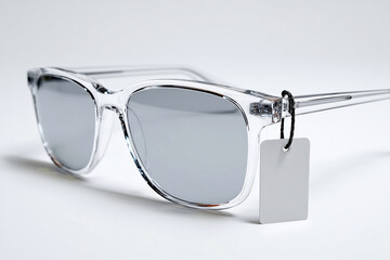 Stylish transparent sunglasses with blank hanging tag on white surface