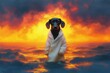 © zong - black dog wearing a white robe standing in water with a dramatic fiery orange and yellow sunset sky in the background creating a surreal and intense atmosphere