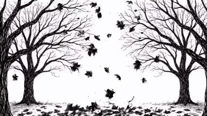 Poster - Monochrome Ink Animation of Bare Trees and Windblown Particles, Artistic Background