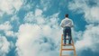 © Pedro - A man stands on a ladder reaching for the sky, full of fluffy clouds, symbolizing aspiration and progress