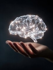 Poster - Hand Holds Glowing Brain Icon Symbolizing Knowledge and Innovation Over Dark Surface With Clear Upper Space