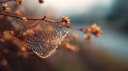 A delicate spider web covered in morning dew hangs from a thin branch with blurred autumnal background.