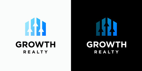 Poster - Vector logo design of house and arrow shape growth chart with modern, simple, clean and abstract style. Icons for business, finance, real estate and personal branding.