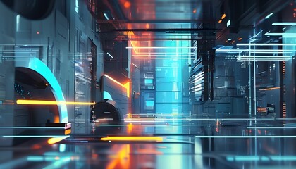 Poster - Futuristic digital environment virtual space 3d visualization neon aesthetics low angle technology exploration