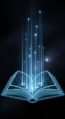 Poster - An open book emitting bright blue light beams against a dark starry background in a digital art style